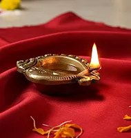 Brass Gajamukh Diya Ganesh and Shank Design Puja Lamp - 3.5 inch Length