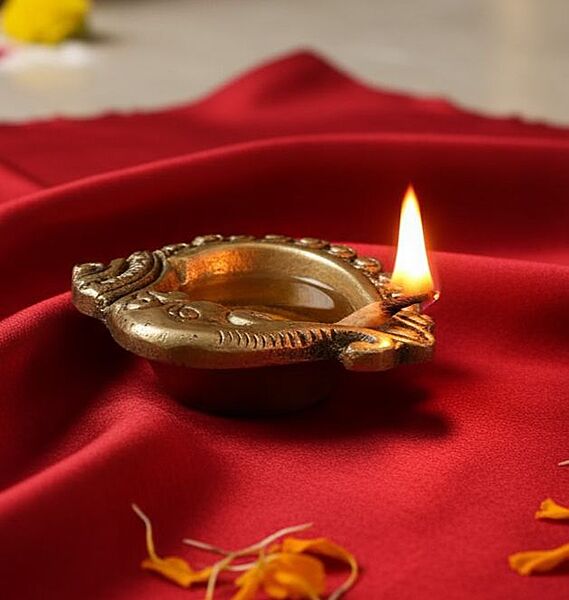 Brass Gajamukh Diya Ganesh and Shank Design Puja Lamp - 3.5 inch Length