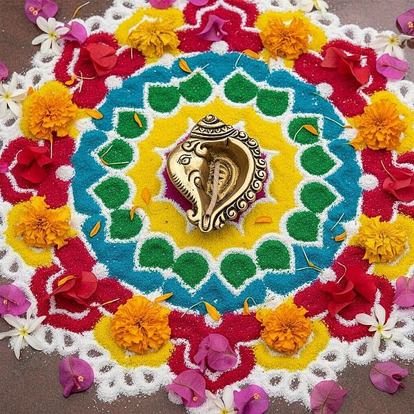 Brass Gajamukh Diya Ganesh and Shank Design Puja Lamp - 3.5 inch Length