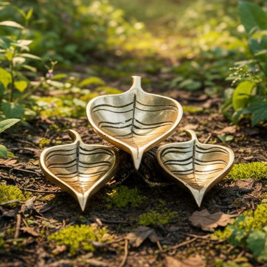 Handmade Brass Peepal Leaf Design Tri-Puja Diya - 2 inch Height | Artistic and Sacred Illumination