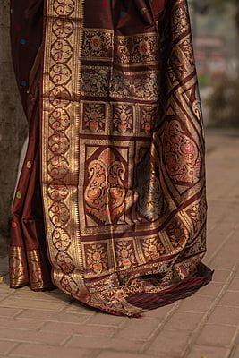 chocolate brown color Banalata pure katan silk semi Revival Swarnachari