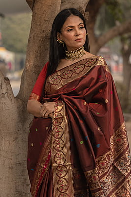 chocolate brown color Banalata pure katan silk semi Revival Swarnachari