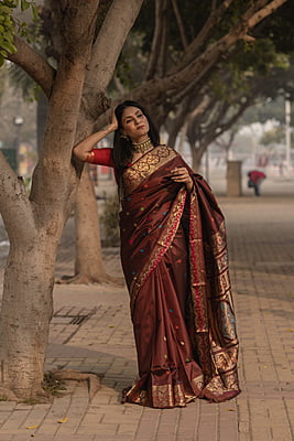 chocolate brown color Banalata pure katan silk semi Revival Swarnachari