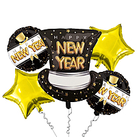 The Magic Balloons - New Year Theme Foil Balloons For New Year Party Decor Pack of 5pcs Star, Circle and Hat Foil Balloons For Home and Offices.