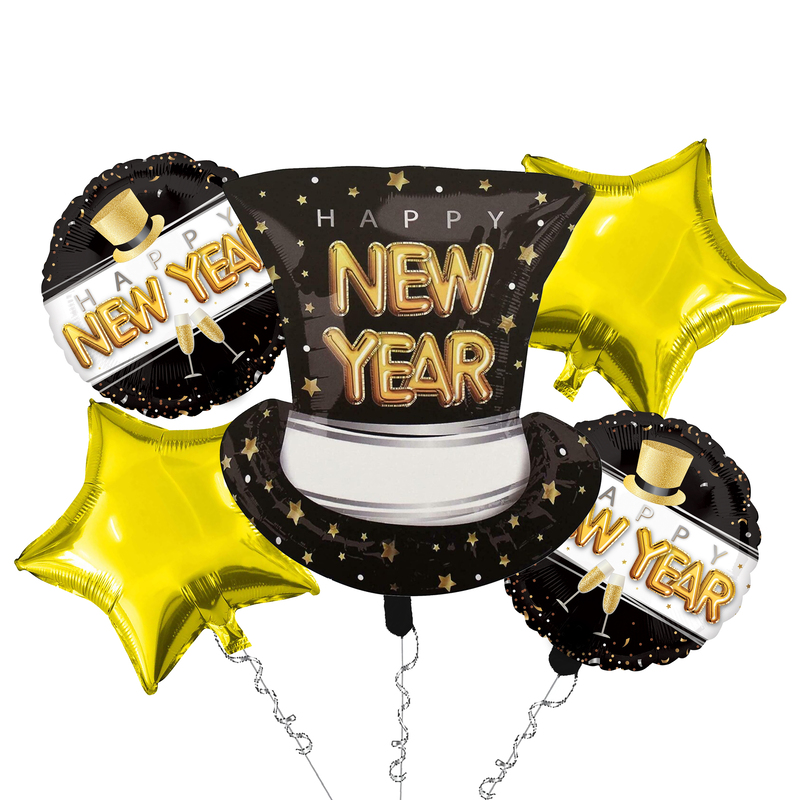 The Magic Balloons - New Year Theme Foil Balloons For New Year Party Decor Pack of 5pcs Star, Circle and Hat Foil Balloons For Home and Offices.