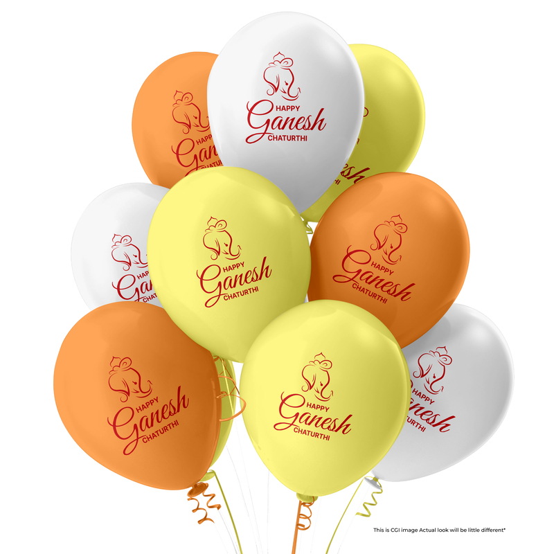 The Magic Balloons Store-Happy Ganesh Chaturthi customized Balloons, Ganesh Chaturthi decorations at mandap/ home Pack of 30 multicolor Metallic yellow, metallic orange metallic white balloons-181133