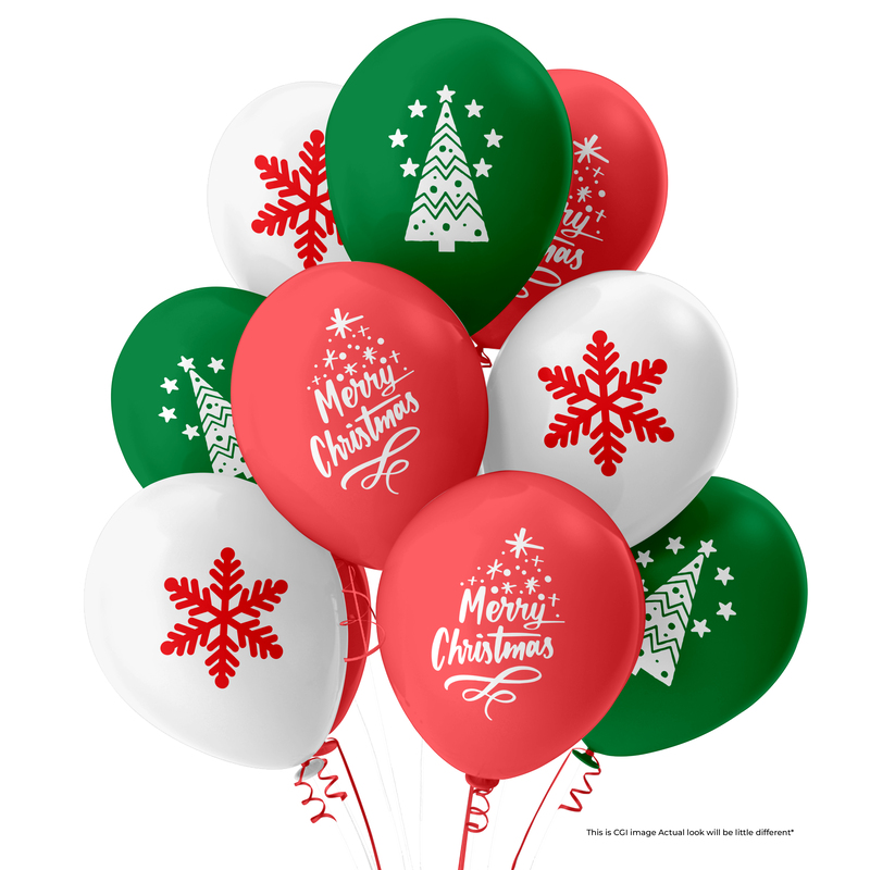 The Magic Balloons- Printed Merry Christmas Latex Balloons for Christmas Decorations - Pack of 30 (Merry Christmas, Snowflakes & Christmas tree printed)