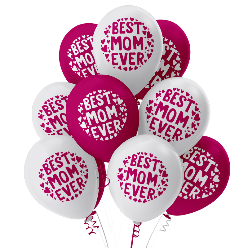 The Magic Balloons-Best Mom Ever Balloons for Mom’s Birthday Mother's Day Party and Decoration. 12” Metallic Dark Pink and Metallic white latex balloons pack of 10 pcs- 181438