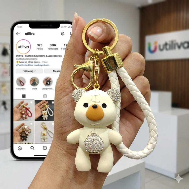 A Cute White Rhinestone Bear Bag Charm / keychain