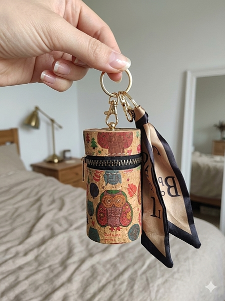 Cork Cylinder Pouch Keychain with Decorative Scarf , Orange, Key Chain