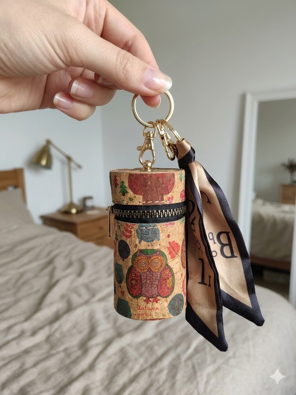 Cork Cylinder Pouch Keychain with Decorative Scarf , Orange, Key Chain