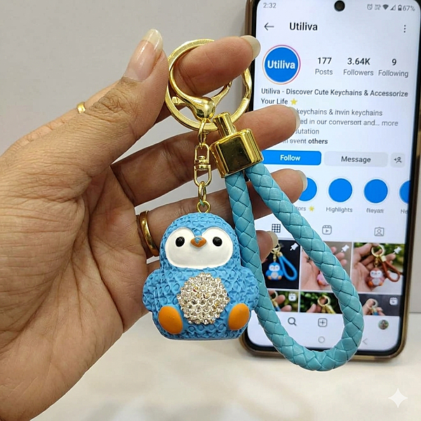 A Cute Blue Rhinestone 3D penguin Charm / keychain