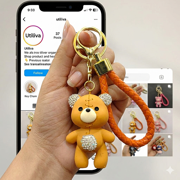 A Cute Orange Rhinestone Bear Bag Charm / keychain
