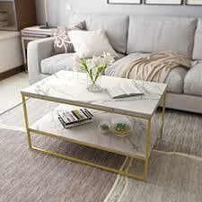 VIKINTERIO White Marble Print Coffee Table with Gold Metal Legs, VIKINTERIO White Marble Print Coffee Table with Gold Metal Legs,