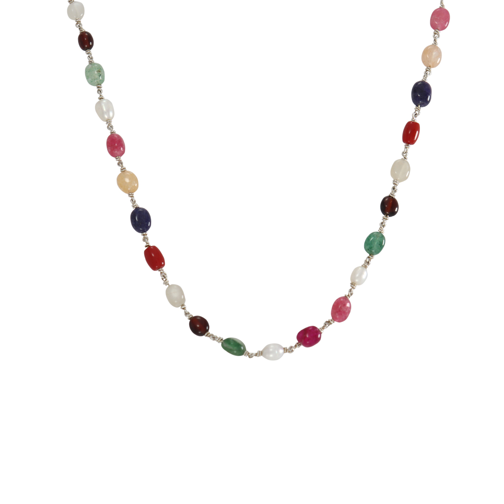 Sterling Silver Navarathna Mala – Traditional 9-Gemstone Necklace