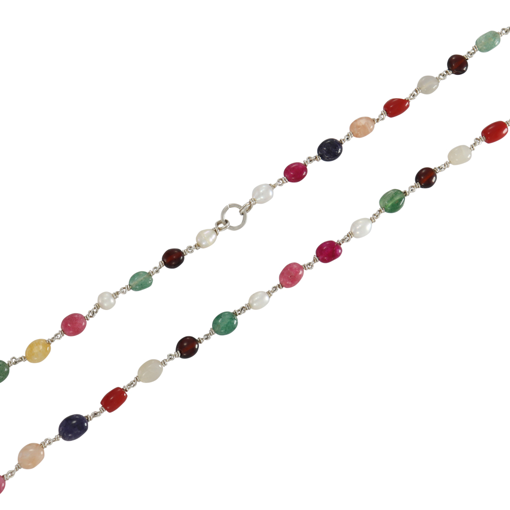 Sterling Silver Navarathna Mala – Traditional 9-Gemstone Necklace