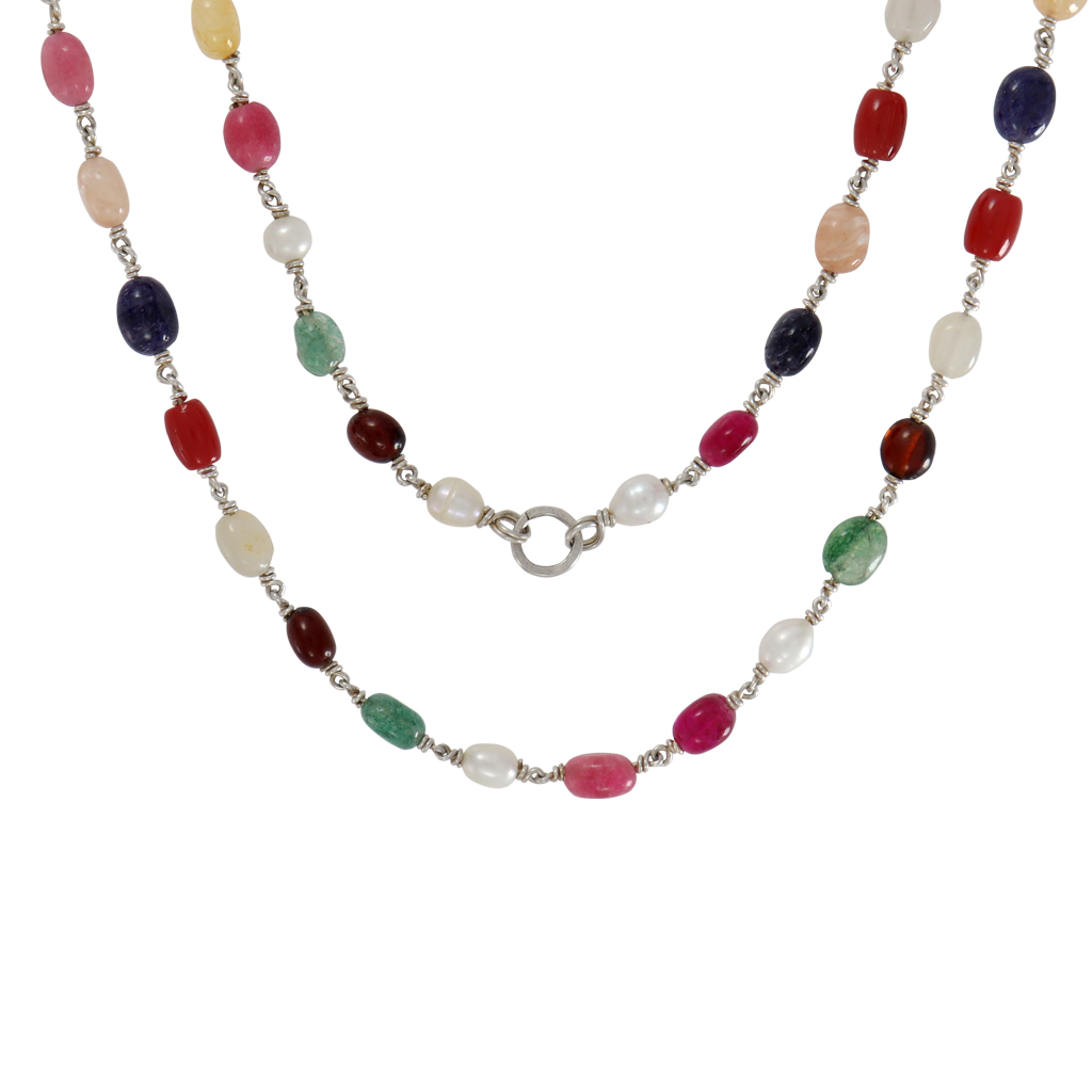 Sterling Silver Navarathna Mala – Traditional 9-Gemstone Necklace
