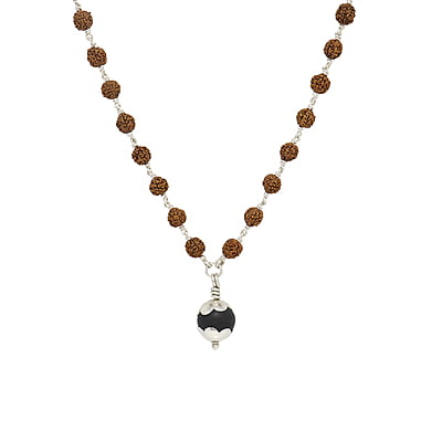 silver tied Ruduracha Mala with Karungali Pendant silver tied Ruduracha Mala with Karungali Pendant