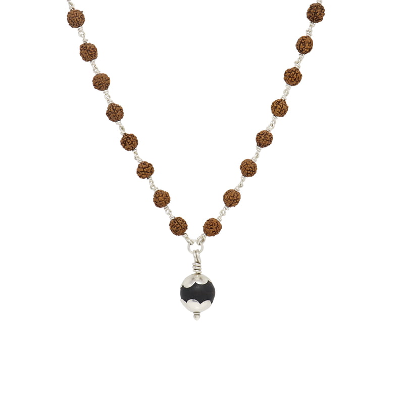 silver tied Ruduracha Mala with Karungali Pendant silver tied Ruduracha Mala with Karungali Pendant