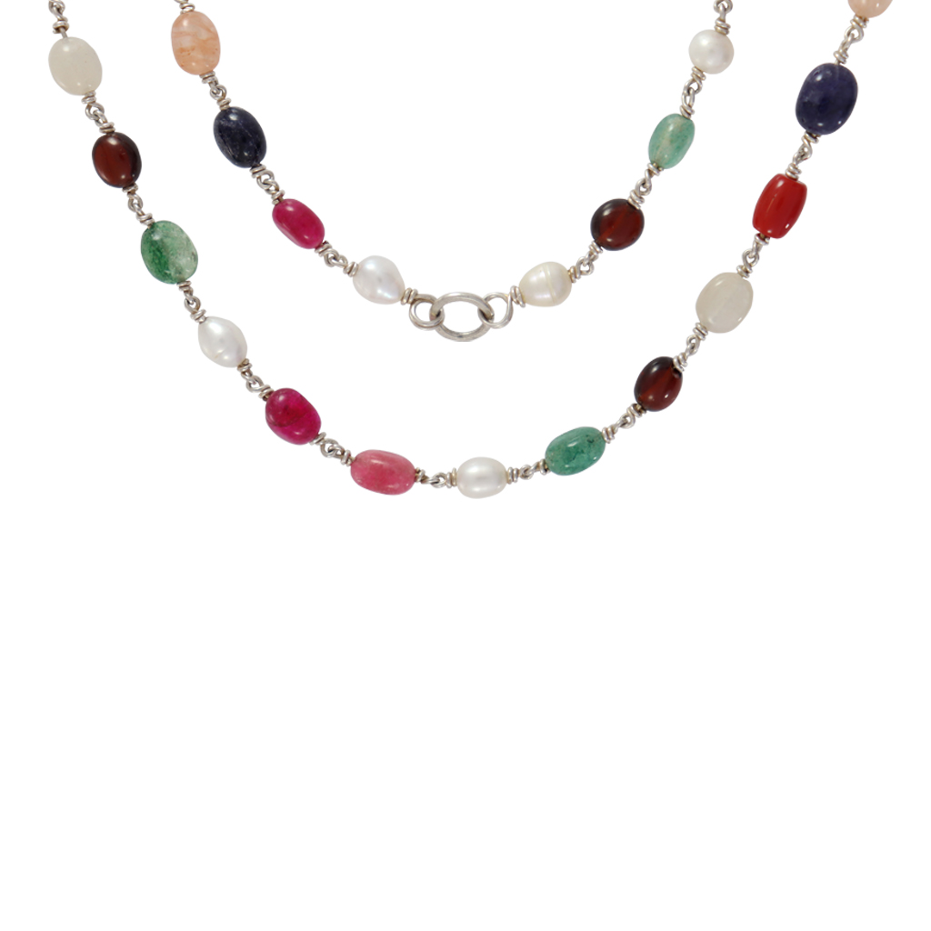 Sterling Silver Navarathna Mala – Traditional 9-Gemstone Necklace