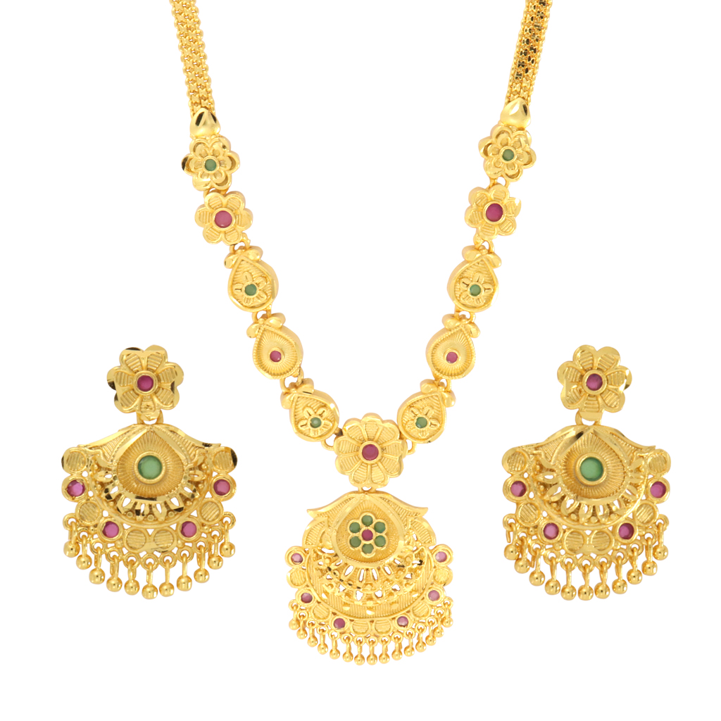 Gold tone green and red  flower necklace