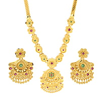 Gold tone green and red flower necklace