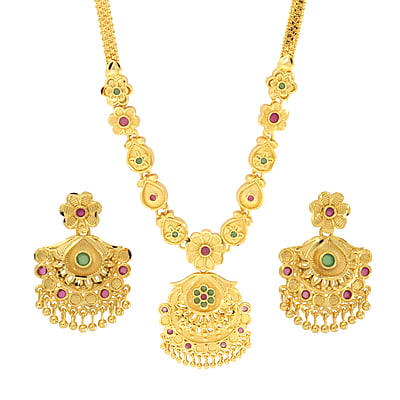 Gold tone green and red  flower necklace
