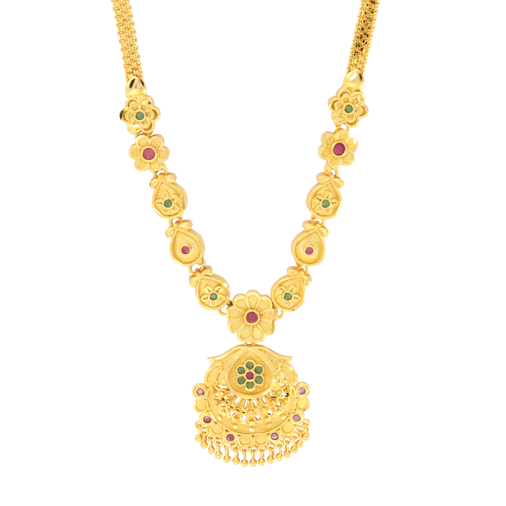 Gold tone green and red  flower necklace