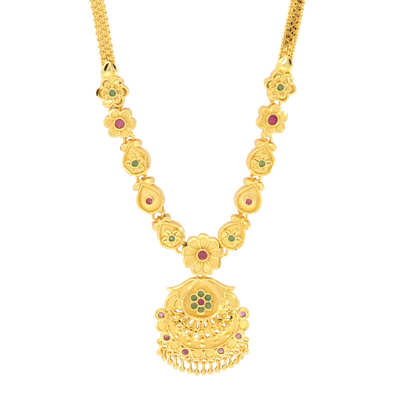 Gold tone green and red  flower necklace