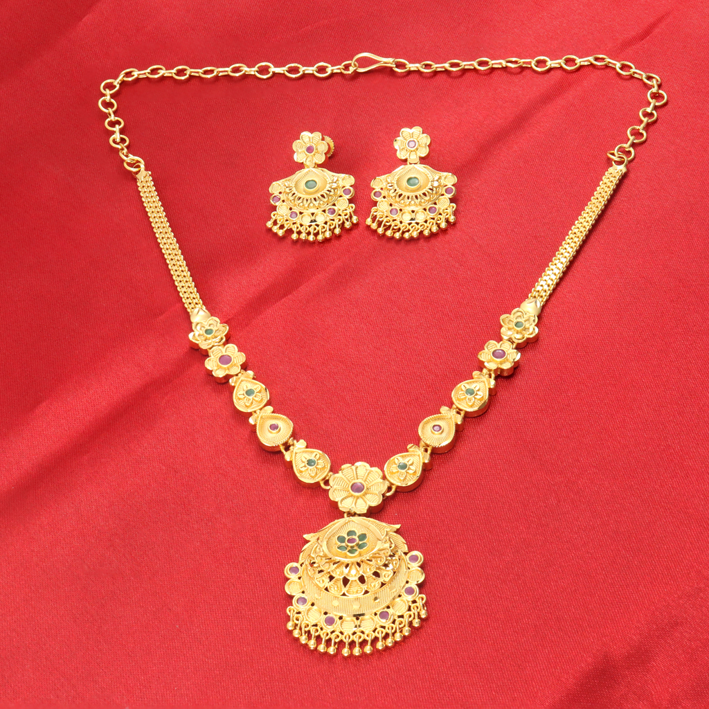 Gold tone green and red  flower necklace