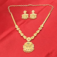 Gold tone green and red flower necklace