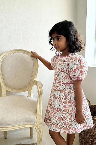 The Riviera Rose Dress | Organic Cotton–Linen Floral Puff-Sleeve Dress