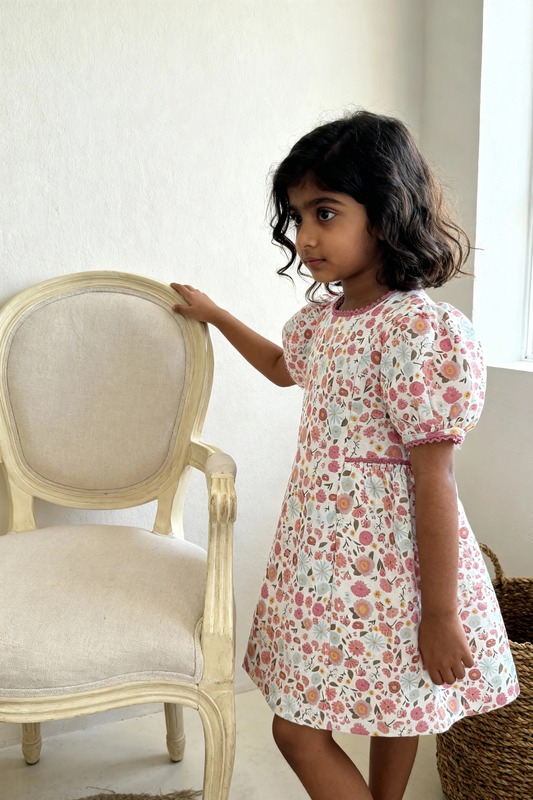 The Riviera Rose Dress | Organic Cotton–Linen Floral Puff-Sleeve Dress