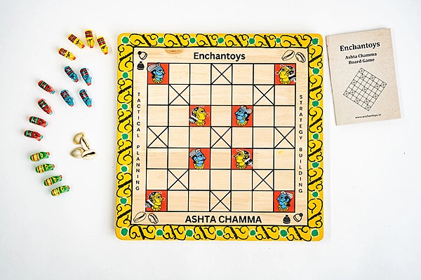 Handpainted Ashta Chamma Peeta Board Game with Traditional Elephant Coins