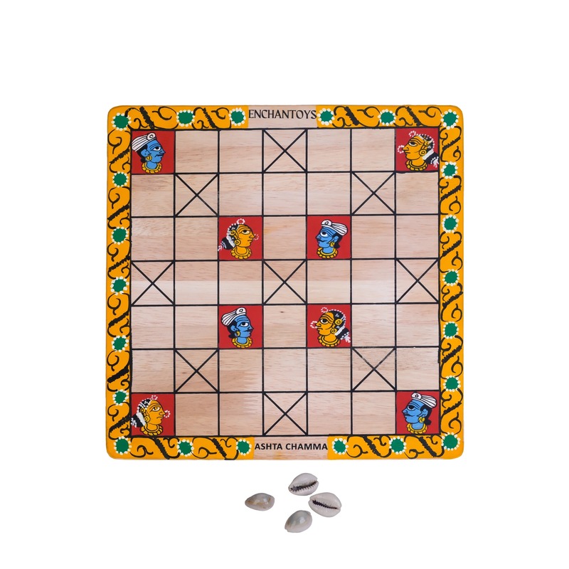Handpainted Ashta Chamma Peeta Board Game with Traditional Horse Coins