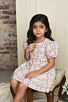 The Riviera Rose Dress | Organic Cotton–Linen Floral Puff-Sleeve Dress