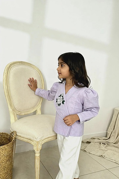 Osaka Blazer Blouse | Rose-Embroidered Organic Cotton–Linen