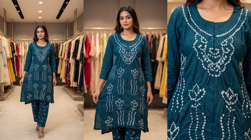 Kala Sanskruti All Over Indigo Color Cotton Bandhani Women's Redy Pair (XL) Elegant Traditional Cotton Redy Pair For Women Without Dupatta