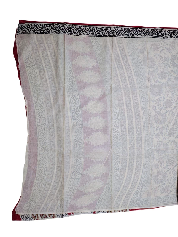Beige & Maroon Hand Block Print Pure Cotton Saree with Running Blouse