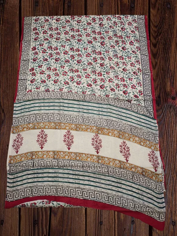 Beige & Maroon Hand Block Print Pure Cotton Saree with Running Blouse