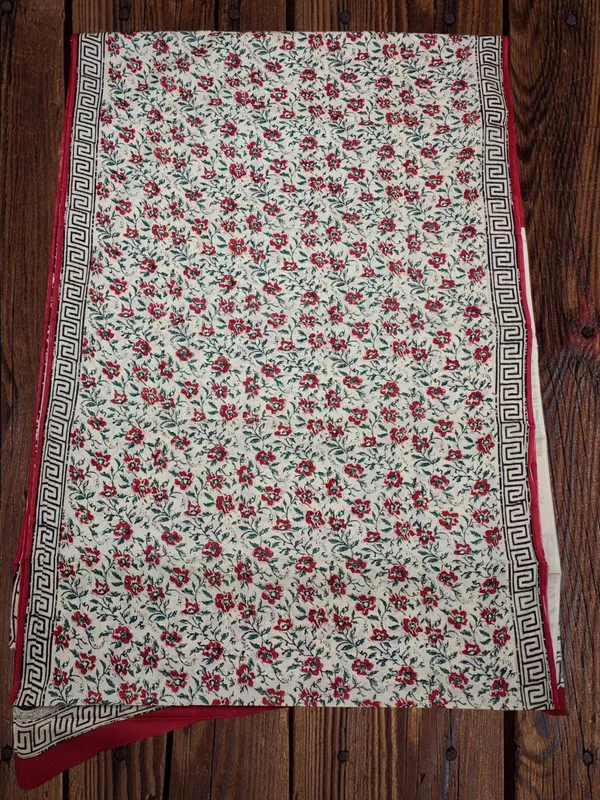 Beige & Maroon Hand Block Print Pure Cotton Saree with Running Blouse