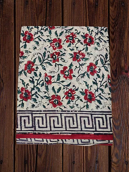 Beige & Maroon Hand Block Print Pure Cotton Saree with Running Blouse