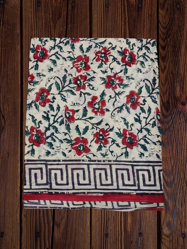 Beige & Maroon Hand Block Print Pure Cotton Saree with Running Blouse