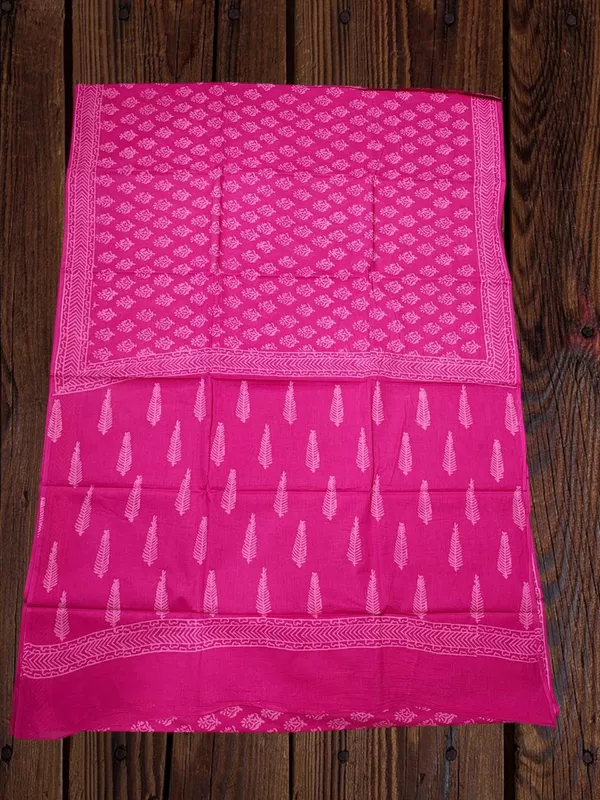 Pink Hand Block Print Cotton Saree with Running Blouse