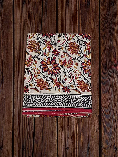 Red Hand Block Print Pure Cotton Saree with Running Blouse