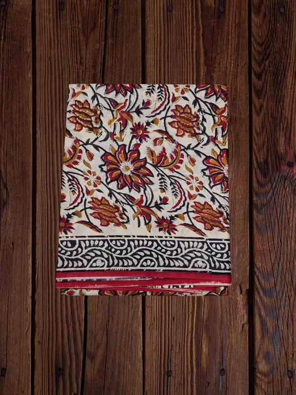 Red Hand Block Print Pure Cotton Saree with Running Blouse