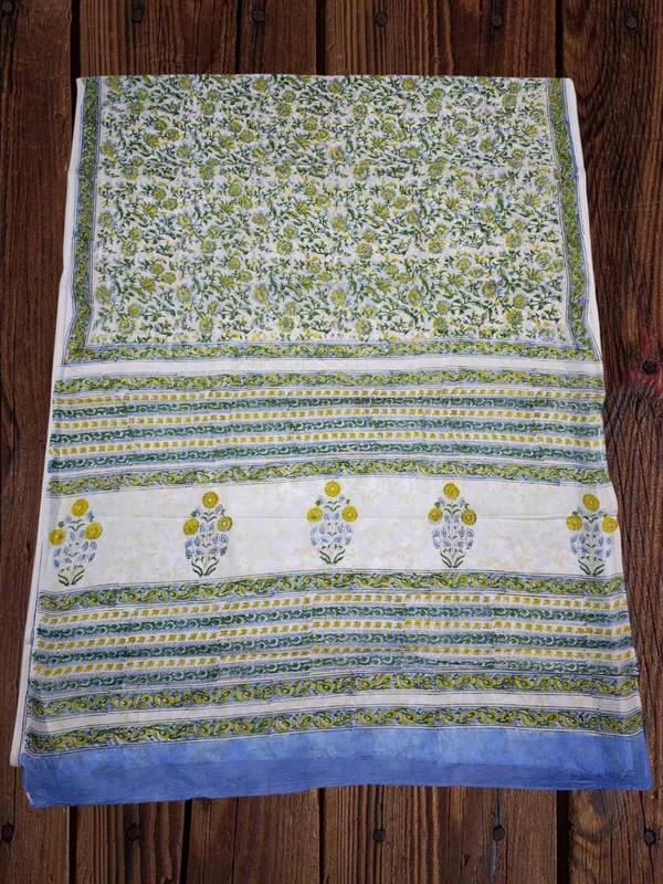 Green Hand Block Print Pure Cotton Saree with Running Blouse