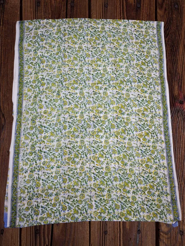 Green Hand Block Print Pure Cotton Saree with Running Blouse