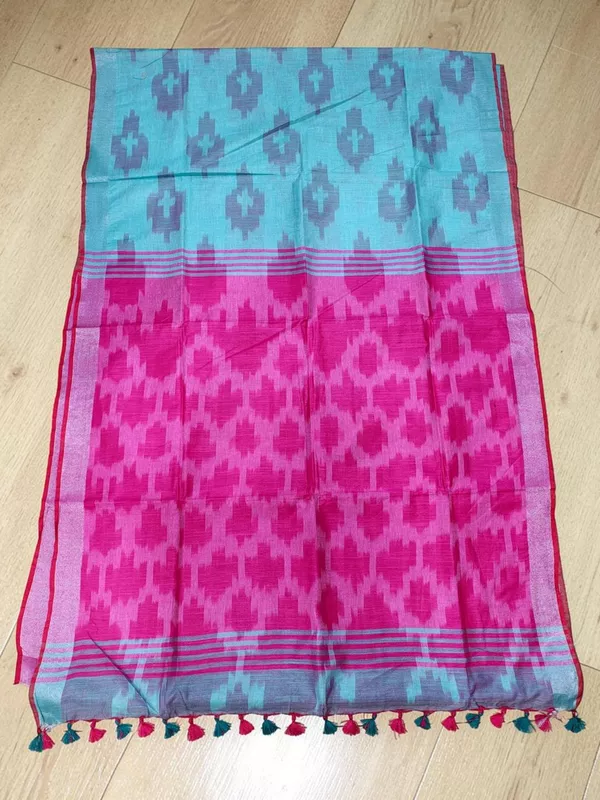 Blue & Pink Ikkat Pure Cotton Saree with Unstitched Blouse