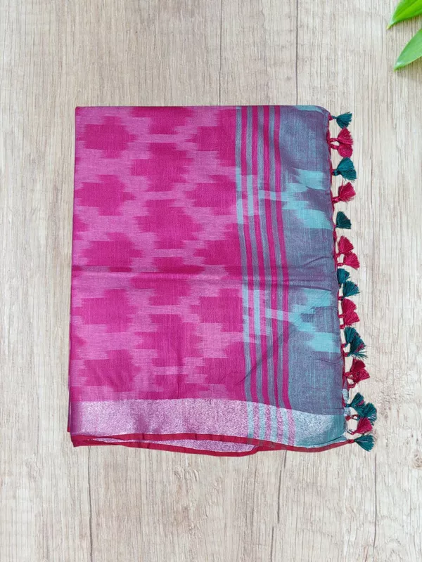 Blue & Pink Ikkat Pure Cotton Saree with Unstitched Blouse